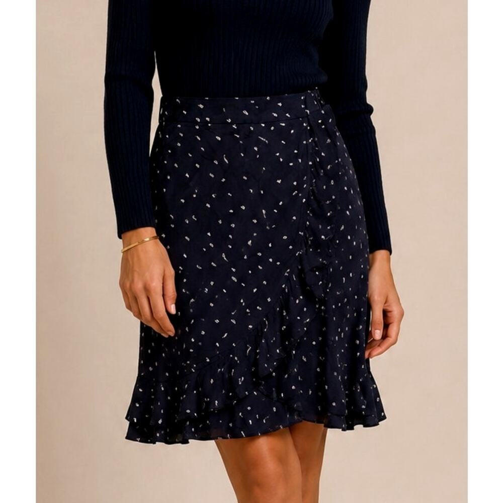 Jigsaw Chiffon Polka Dot Dash Ruffle Midi Skirt Size 4 Black Preppy Quiet Luxury